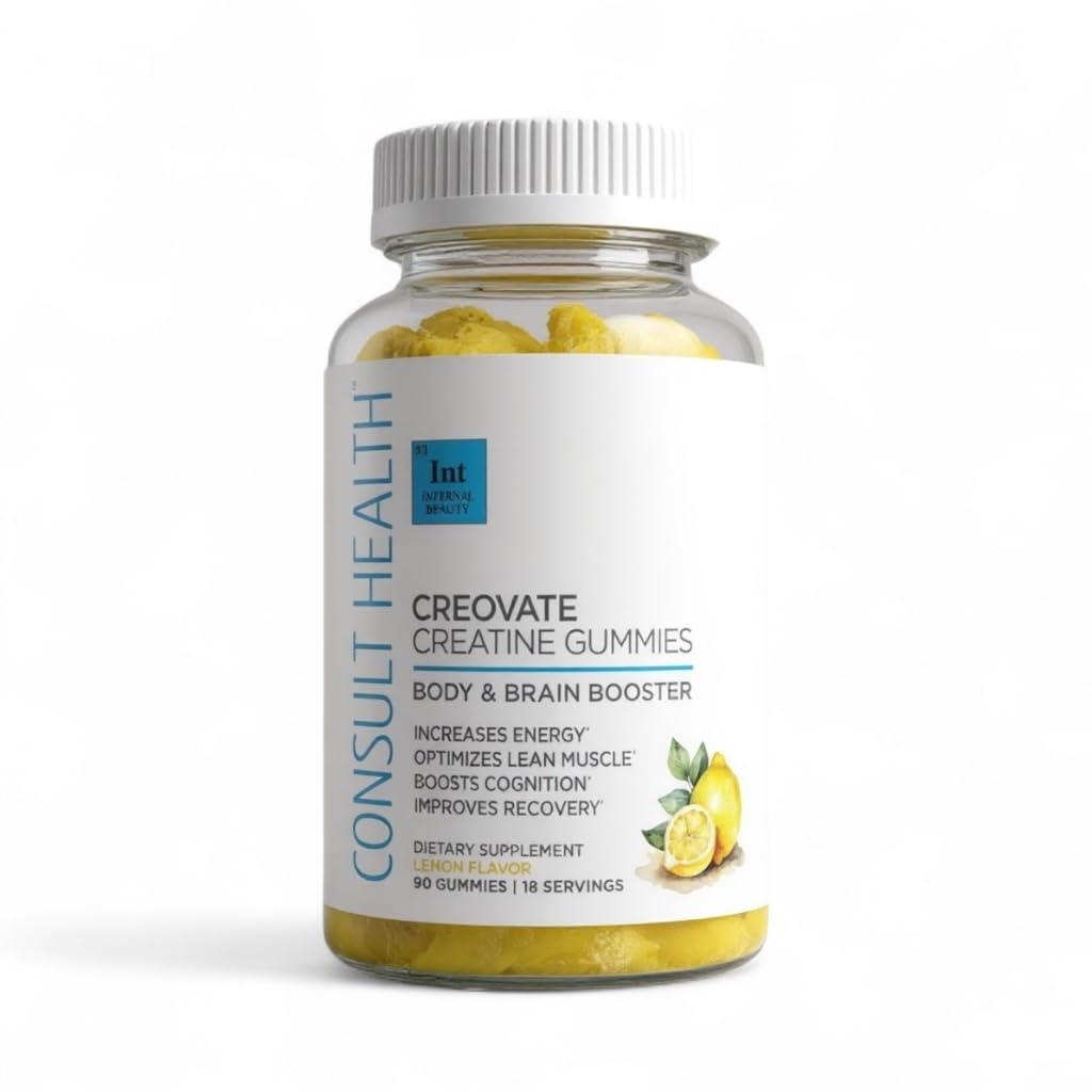 Consult Health CREOVATE CREATINE MONOHYDRATE Gummies 5g Dose for Men & Women to Support Muscle, Strength, Recovery, Cognitive Health & Memory, Zero Sugar, Gluten Free, Natural Lemon, 90 Count