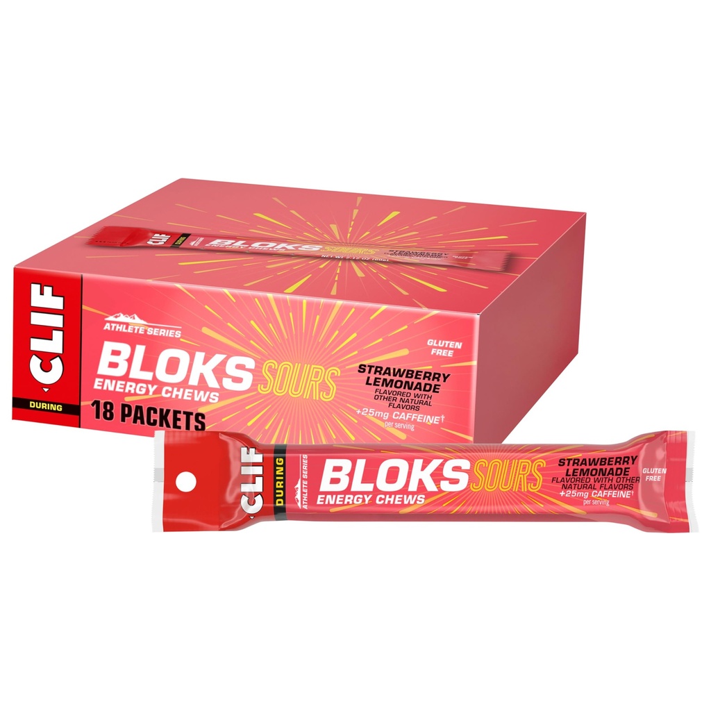 Clif Bloks Sours - Λεμονάδα φράουλα Γεύση με καφεΐνη - Ενεργειακά μάσημα - Μη ΓΤΟ - Με βάση το φυτό - Γρήγορο Καύσιμο για Ποδηλασία και Εκτέλεση - Γρήγορη Υδατάνθρακες και Ηλεκτρόλυτες - 2,12 oz. (18 κόμης)