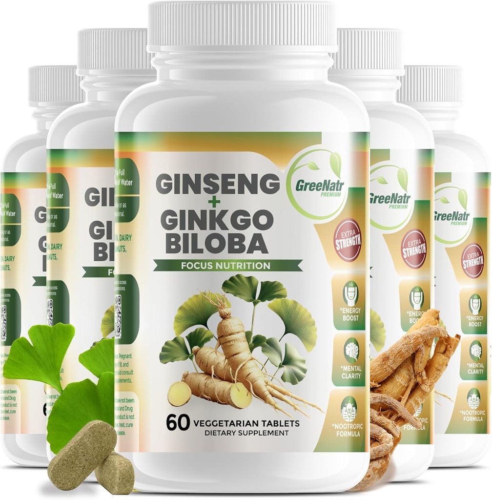 GreeNatr Ginko Biloba & Panax Ginseng Συμπλήρωμα - Κόκκινο Ginseng για Μνήμη και Εστίαση - Ginkgo Biloba για Καλή Όραση, ανοσοποιητικό σύστημα και βελτιωμένη ροή αίματος (360 δισκία: 6 μπουκάλια)