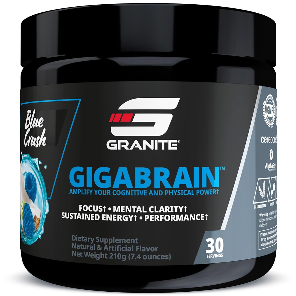 Granite Nutrition GigaBrain Nootropic Energy Powder – Cereboost, Alpha-GPC & ElevATP – Cognitive Focus Supplement for Sustained Energy & Performance – Blue Crush, 30 Servings