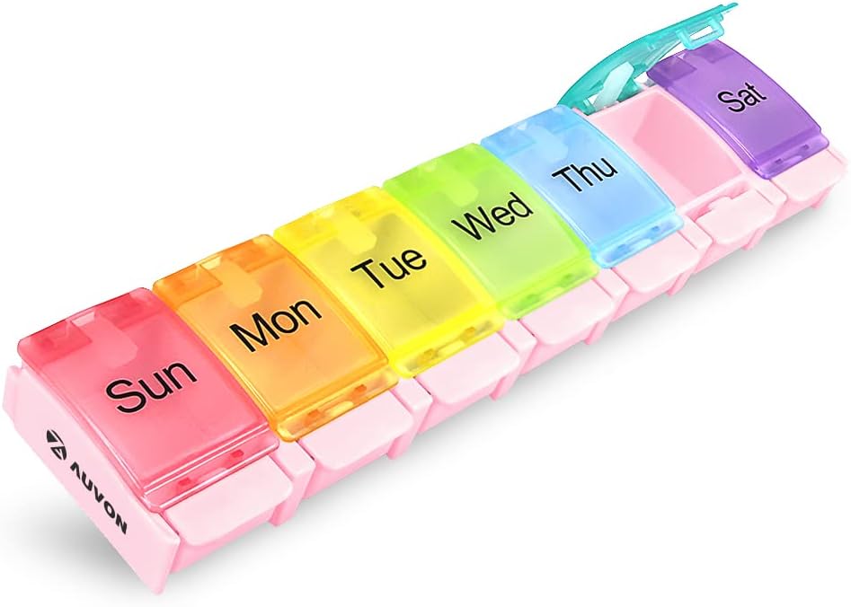 AUVON Weekly Pill Organizer Arthritis Friendly, BPA Δωρεάν Ταξίδι 7 Day Pill Box περίπτωση με την άνοιξη Open Design και μεγάλο διαμέρισμα για να κρατήσει βιταμίνες, Cod Liver Oil, συμπληρώματα και φαρμακευτική αγωγή