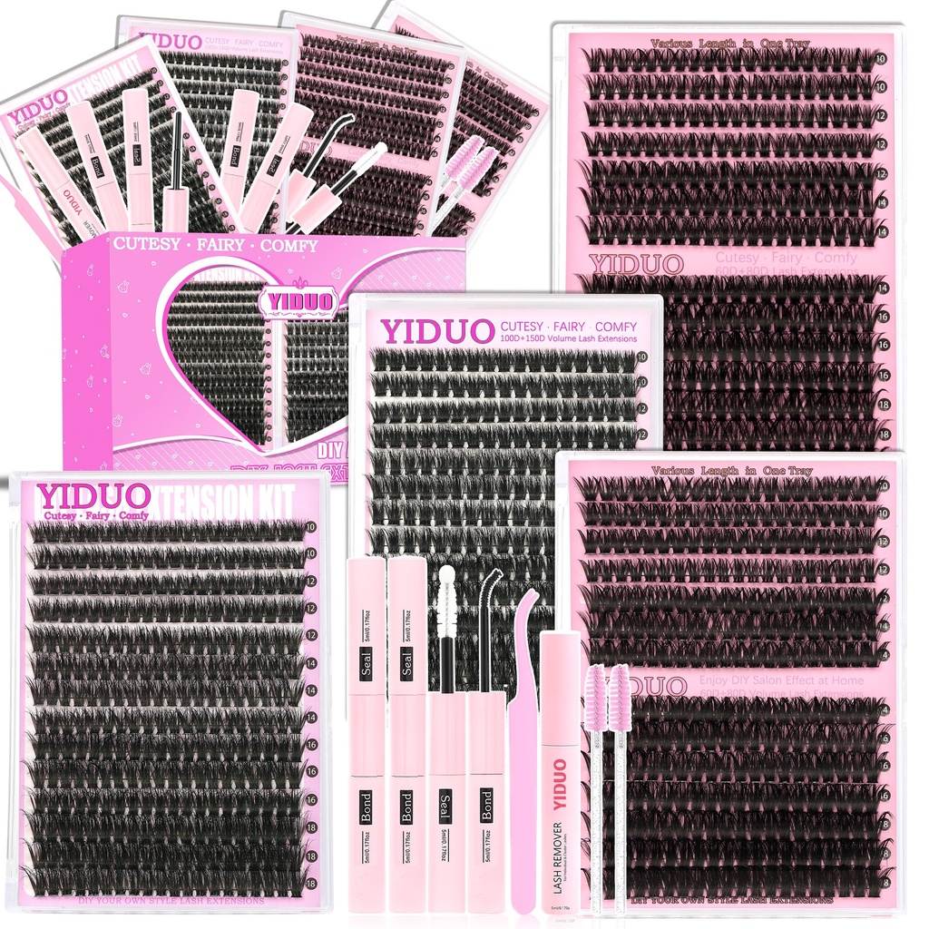 YIDUO 4 Styles Lash Clusters Kit 60D+80D+100D+150D Volume Clusters Lashes Extensions Kit with 2 X Bond and Seal 10-18mm Wispy D Curvature Full Individual Eyelash Extensions Kit DIY at Home Easily