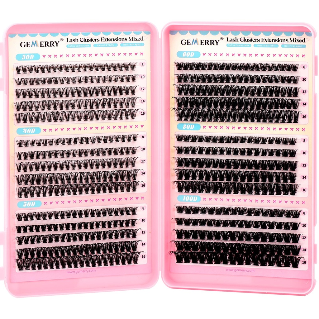 GEMERRY 565Pcs Lash Clusters D Curl Volume Eyelashes Clusters Extensions with Thin Band for DIY at home (30D+40D+50D+60D+80D+100D, 8-16mm)