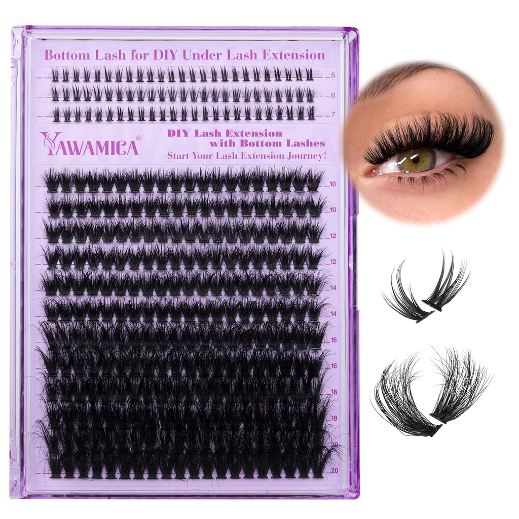 Yawamica Cluster Eyelash Extensions Fluffier Lash Clusters with Bottom Lashes 200D Volume Individual Lashes 315pcs Wispy Eyelash Clusters 10-20mm DIY Lash Extension at Home