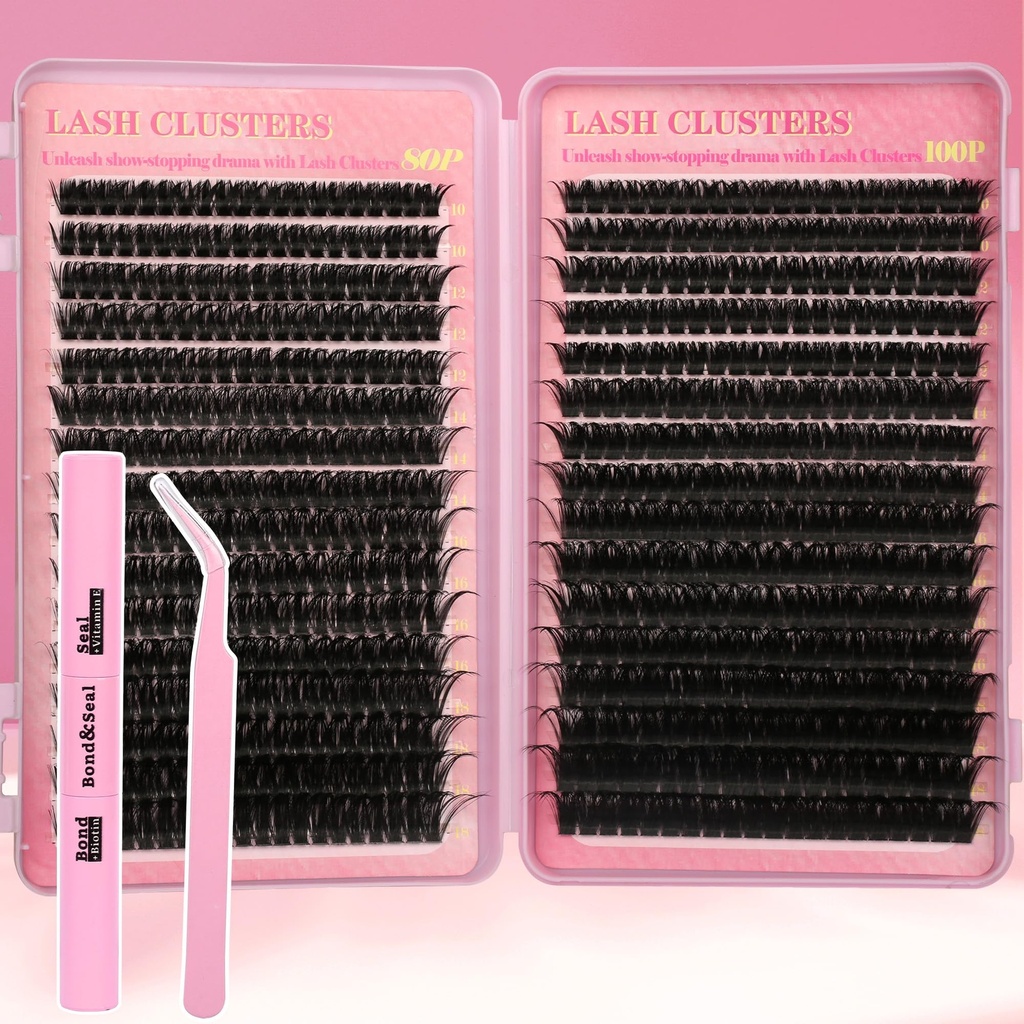 Lash Extension Kit Lash Clusters Kit 640Pcs Volume Eyelash Clusters C Curl Lashes Clusters DIY Cluster Eyelash Extensions With Lash Bond and Seal Lash Tweezers
