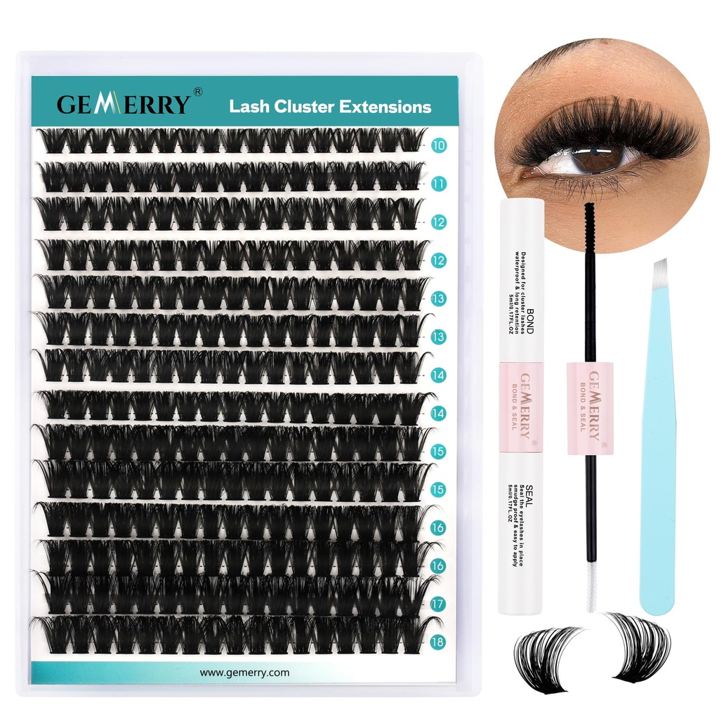 GEMERRY DIY Lash Extension Kit for Beginners 280 PCS Individual Lash Clusters Kit 0.07D 10-18 MIX Eyelash Extension Kit Lash Glue for Eyelash Extensions(80D-0.07D,10-18MIX-KIT)
