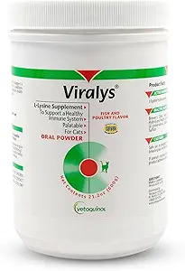 Vetoquinol Viralys Καθημερινή L-Lysine σκόνη για γάτες και γατάκια, Fish Flavored Lysine συμπλήρωμα για γάτες και γατάκια για την υποστήριξη της ανοσοποιητικής υγείας, της φυσιολογικής λειτουργίας των ματιών και της αναπνευστικής υγείας, 600gm