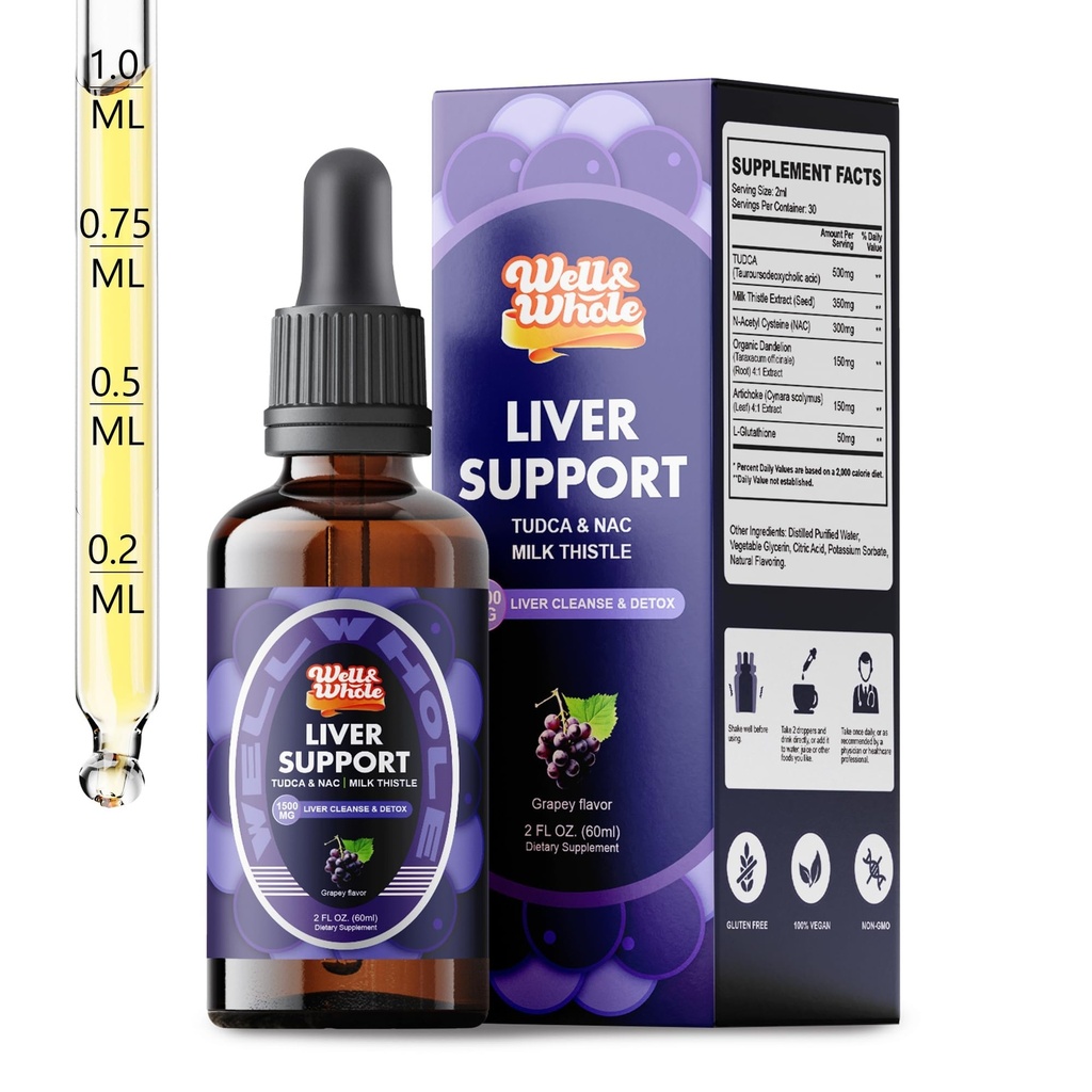Liver Support Liquid Drops Supplement | TUDCA Drops Liver Cleanse & Detox with Milk Thistle, NAC, Dandelion, Artichoke & Glutathione for Detox, Bile Flow, and Digestive Health | Vegan & Non-GMO | 60ML