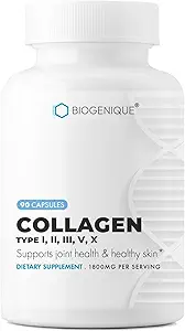 Premium Collagen Complex 90 Capsules Supports Healthy Skin, Nails, Bones & Joints Collagen Peptides, Type I, II, III, V, X, Made in USA - Non-GMO, Gluten Free