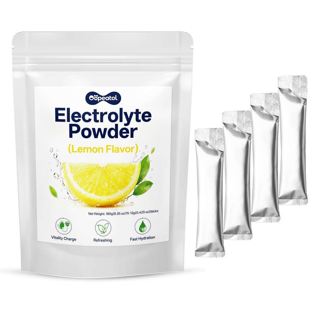 Electrolyte Powder Packets - Lemon Flavored Individual Stick Packs, Contains Vitamins B6, B12 & C, Dissolves Quickly to Replenish Fluids and Energy, Zero Fat, No Added Sugar, 15 Servings
