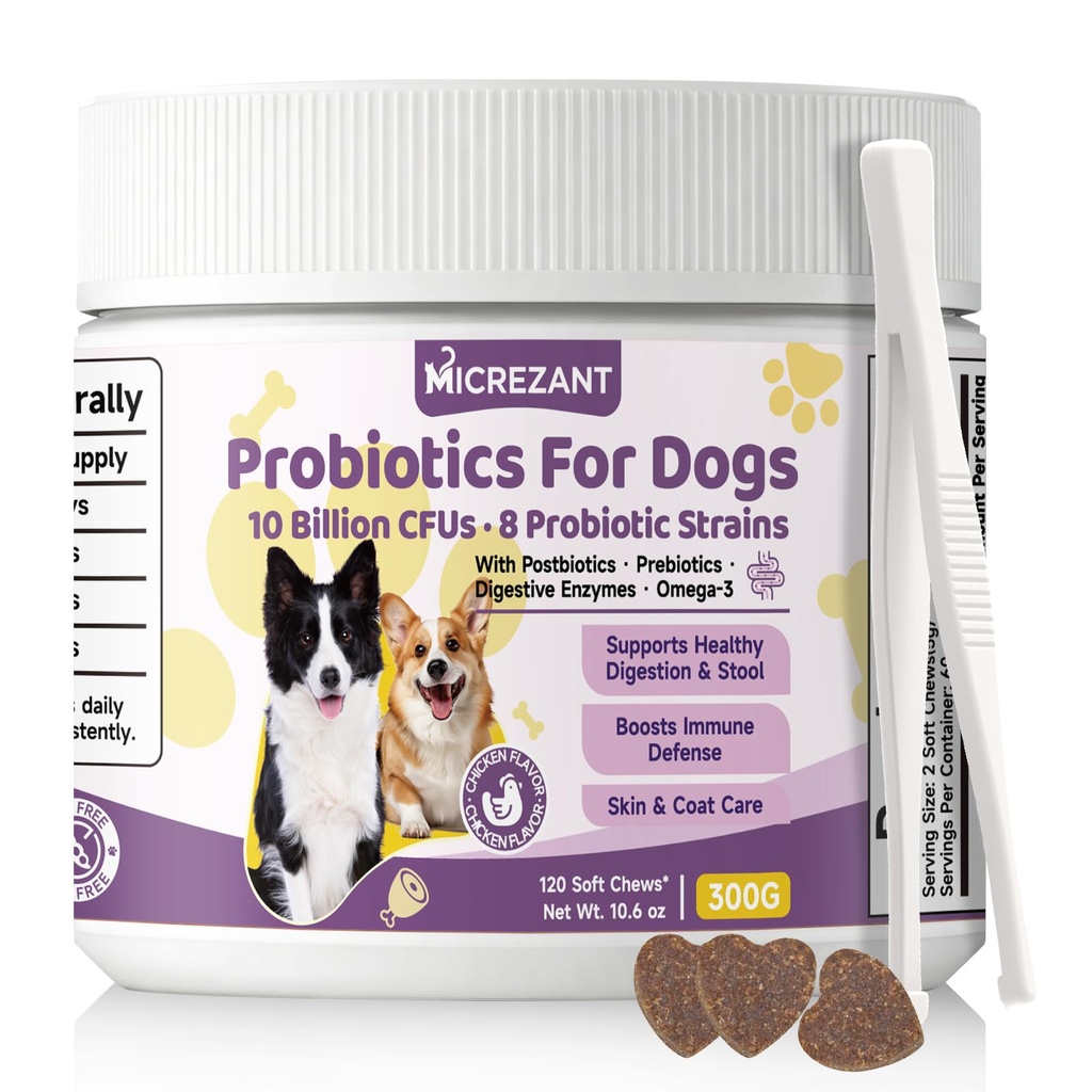 Probiotics for Dogs with Feeding Tweezers, 10 Billion CFUs Chews for Gut & Digestive Health, Itchy Skin & Ears, Diarrhea Relief & Immune Support with 8 Probiotic, Prebiotics, Chicken, 120 Ct/300g