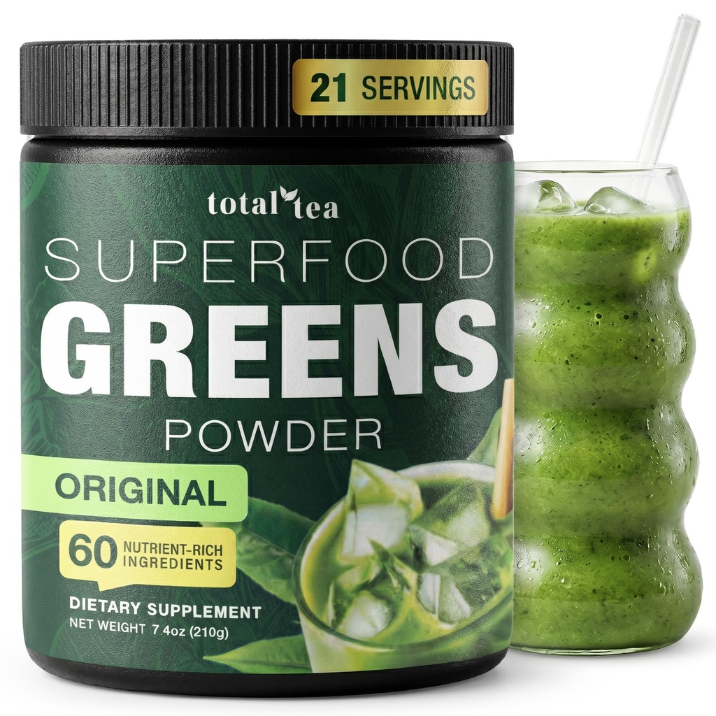Total Tea Super Greens Powder Supplement, Greens, Fruits, Vegetables, Vegan Drink with Spirulina, Chlorella and Vitamins 21 Servings - Original