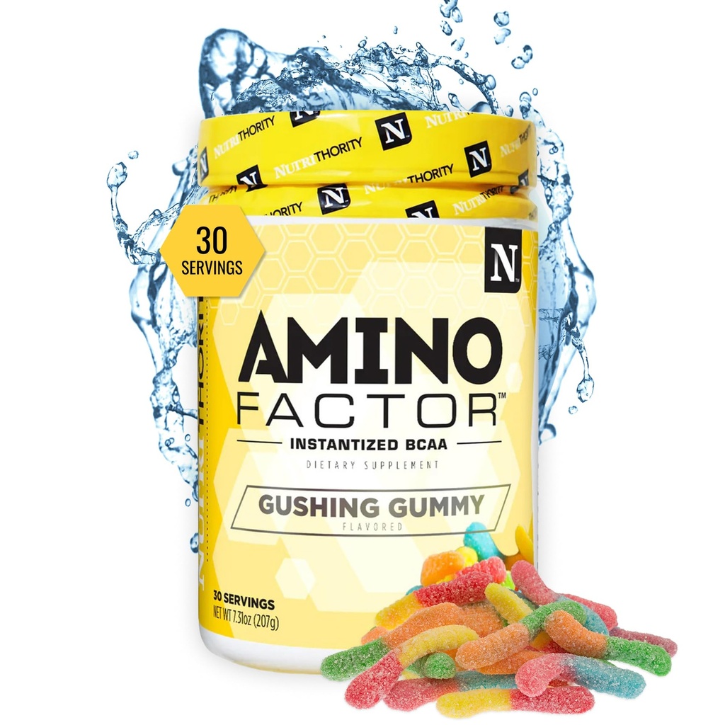 Nutrithority - BCAA Powder, Post Workout Recovery Powder with BCAAs Amino Acids L-Isoleucine, L-Leucine, and L-Valine, Improve Muscle Recovery and Hydration, Sugar Free (Gushing Gummy) (30 Servings)