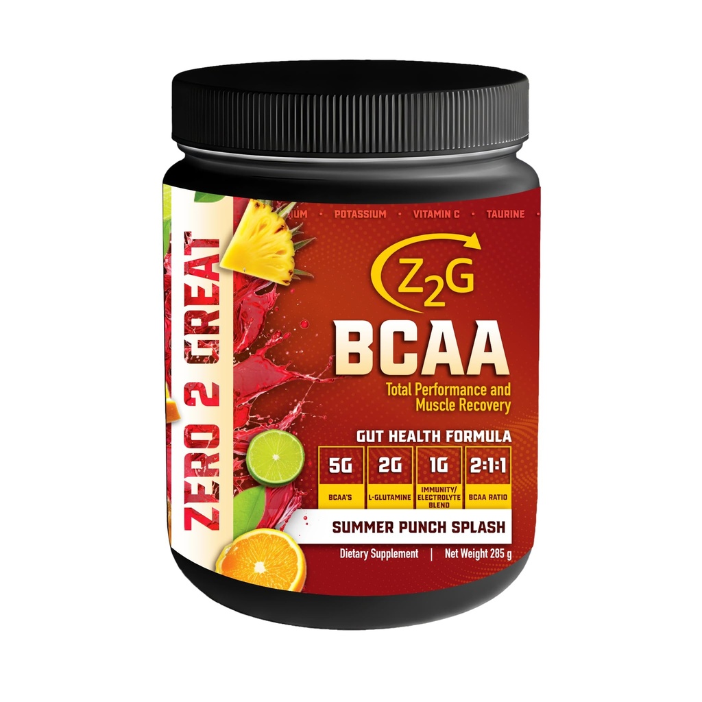 Z2G BCAA Powder – Summer Punch Splash | Gut Health + Total Performance & Muscle Recovery with 5g BCAAs, 2g L-Glutamine, 1g Immunity Electrolytes | Easy to Mix | Sugar-Free, Gluten-Free, Dairy-Free
