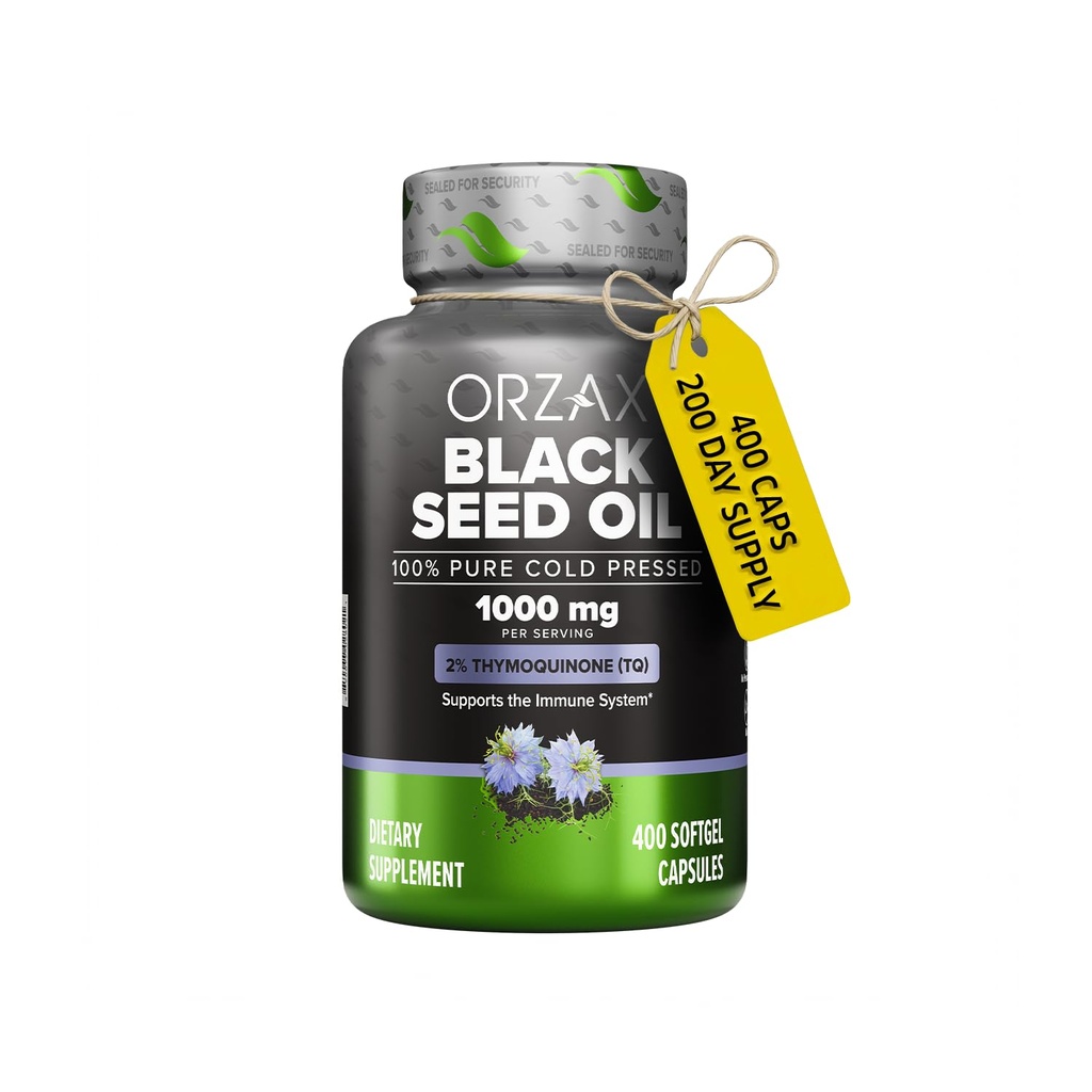 ORZAX Black Seed Oil 1000mg - 2% Thymoquinone, Cold Pressed Nigella Sativa (Black Cumin Seed), Non-GMO, Omega 3 6 9, 400 Softgels, 200 Day Supply