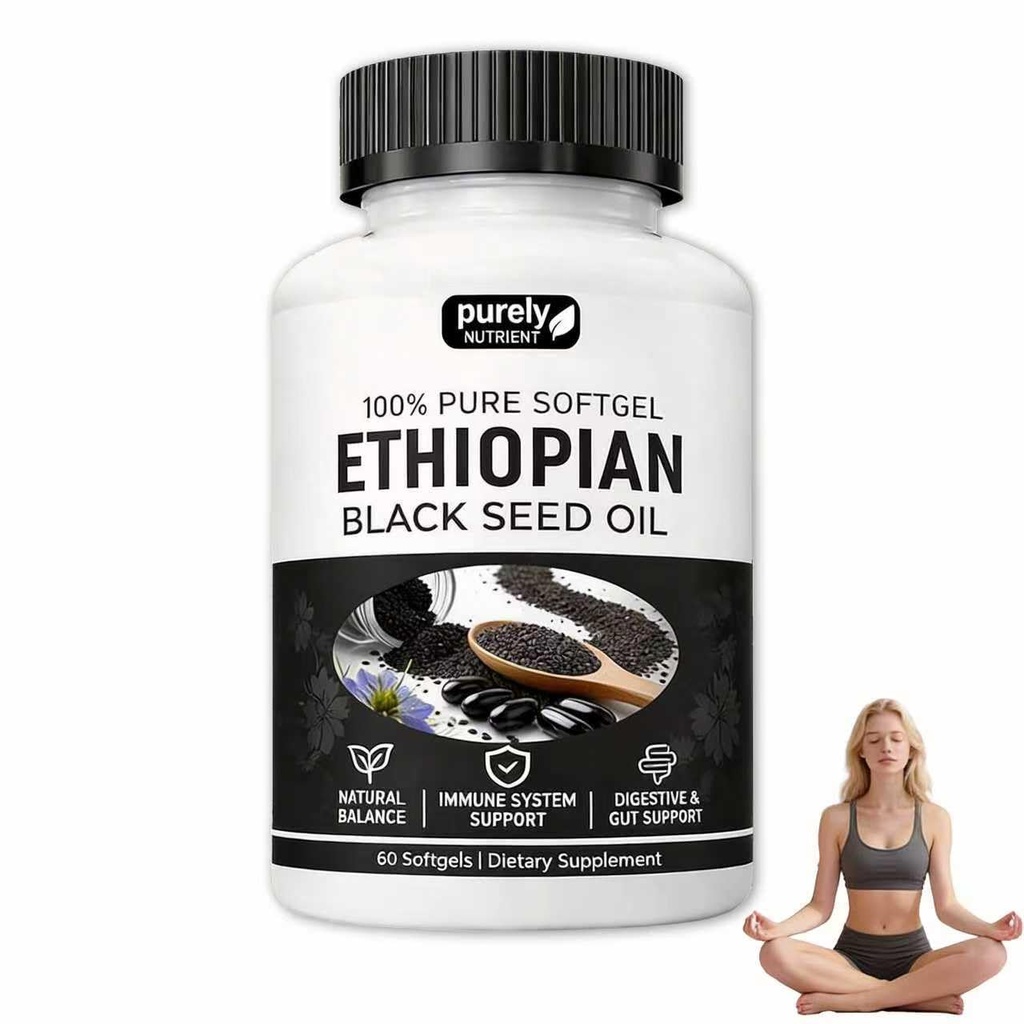 Purely Ethiopian Black Seed Oil Capsules, Purely Nutrient Ethiopian Black Seed Oil with 4.64% Thymoquinone, Immune Support, Organic Cold Pressed, Non-GMO, Gluten-Free, 60 Softgels(1 Bottle)