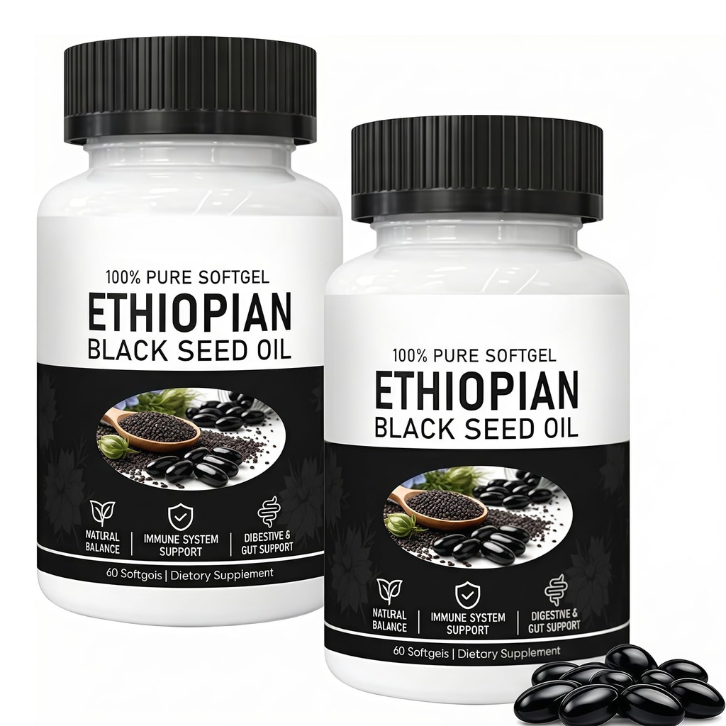 Black Seed Oil Capsules, Purely Nutrient Ethiopian Black Seed Oil Organic Cold Pressed from Nigella Sativa, Black Cumin Seed Oil Softgels, Non-GMO, Gluten Free, Easy to Swallow, 60 Count (2 Pack)