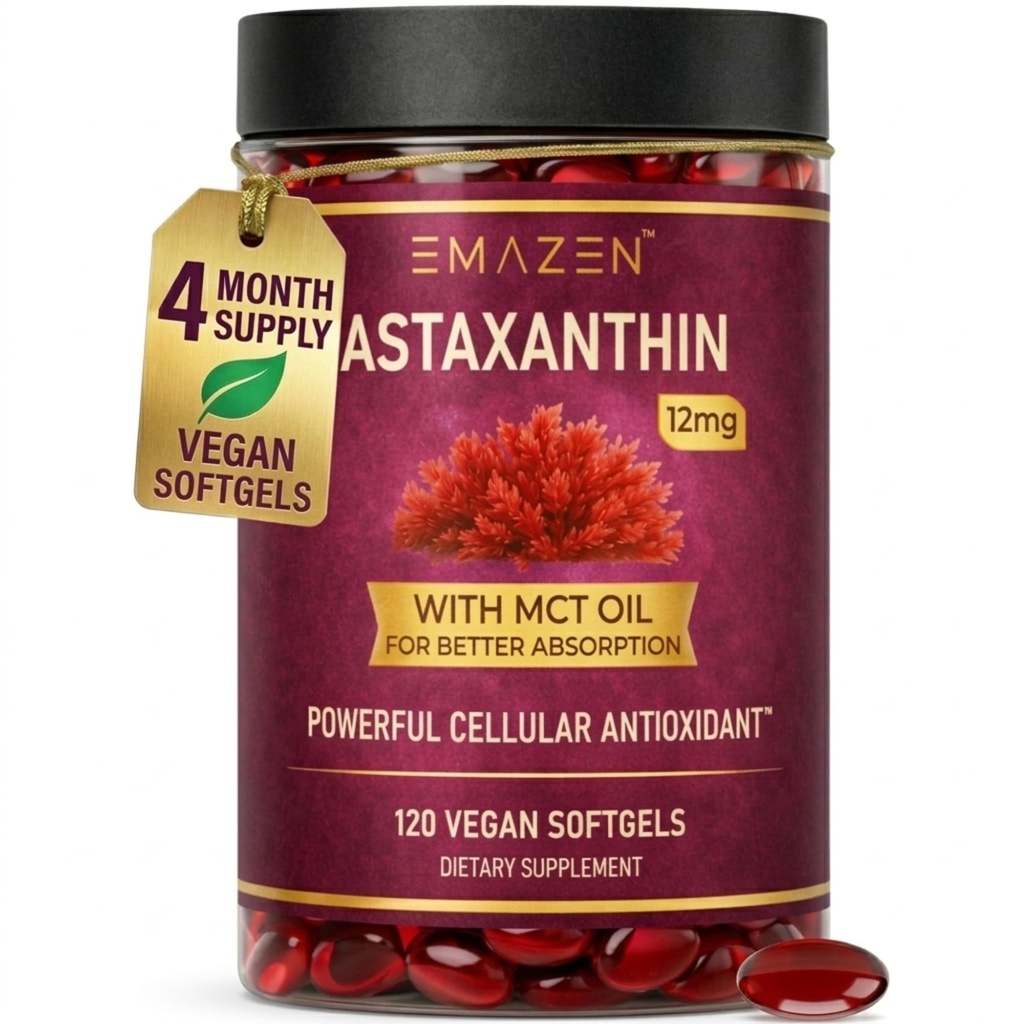 Astaxanthin 12mg with MCT Coconut Oil| | Natural Astaxanthin Supplements Support Skin and Eye Health | Antioxidant Supplement | 4 Month Supply | 120 Vegan Softgels