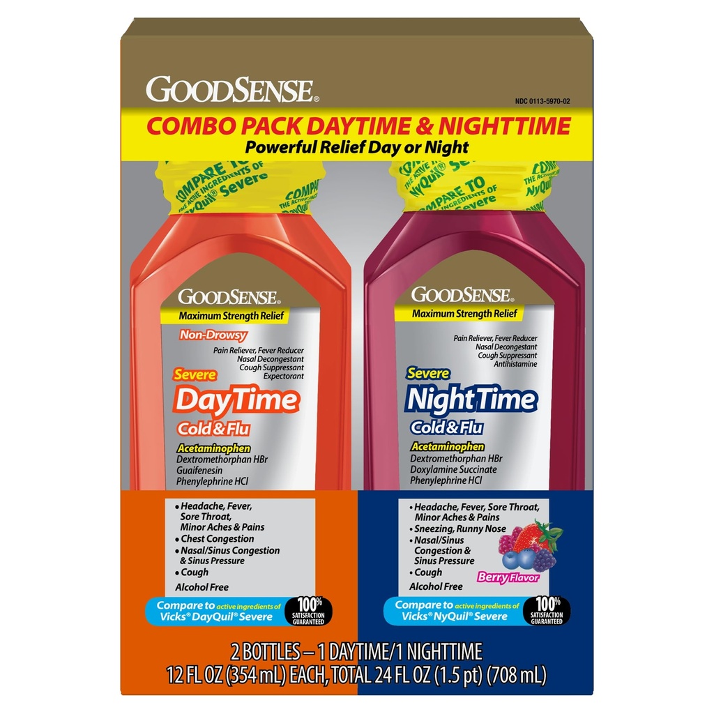 GoodSense Daytime and Nighttime Max Strength Severe Cold and Flu Relief Combination Pack; Cold and Flu Medicine for Day and Night, 12 Fl Oz Each