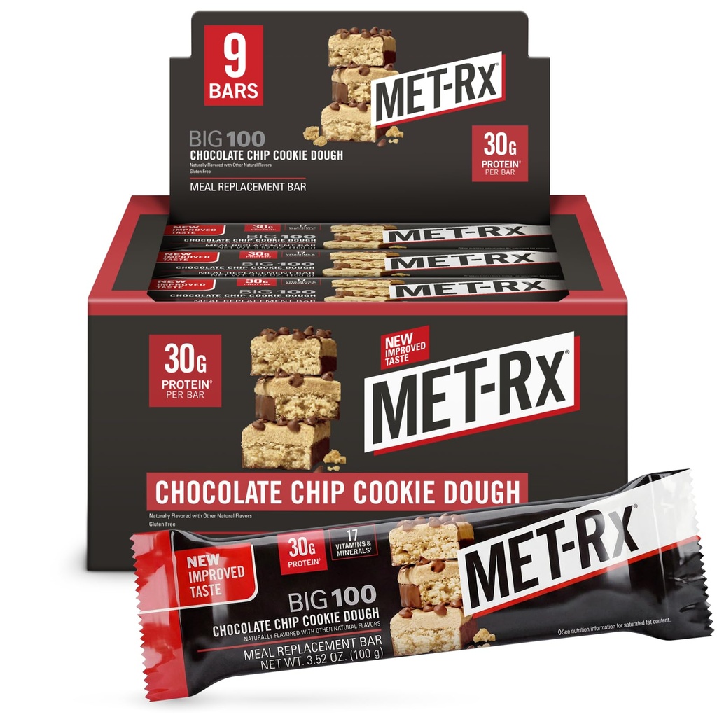 MET-Rx Big 100 Colossal Protein Bars, Chocolate Chip Cookie Dough Meal Replacement Bars, 9 Count (Pack of 1)