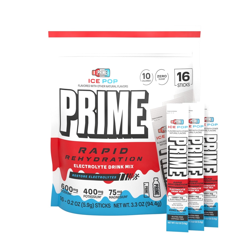 Prime Rapid Rehydration Electrolyte Powder Sticks, Ice Pop, Sugar Free Hydration Drink Mix with Sodium, Potassium, Magnesium & B Vitamins to Replenish Fluids, Caffeine Free, 16 Count