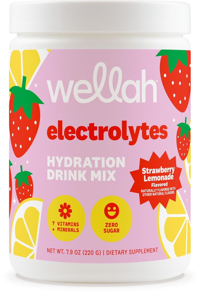 Wellah Electrolytes Powder (Strawberry Lemonade) 50 Servings - Hydration Drink Mix, 7 Vitamins & Minerals, Zero Sugar