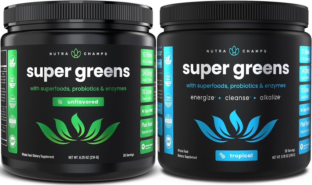 NutraChamps Super Greens Άγευστο & Σούπερ Πράσινο Τροπικό πακέτο - 2 Μήνες προσφοράς