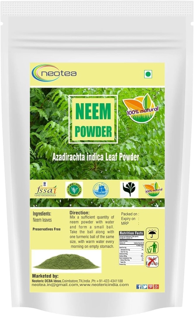 neotea Neem Leaves Powder | 100% Pure Azadirachta Indica Leaf Powder | Natural Herbal Powder for Skin & Hair | Non-GMO | No Preservatives or Additives | Chemical-Free & Vegan (500GM(17.63 OZ))