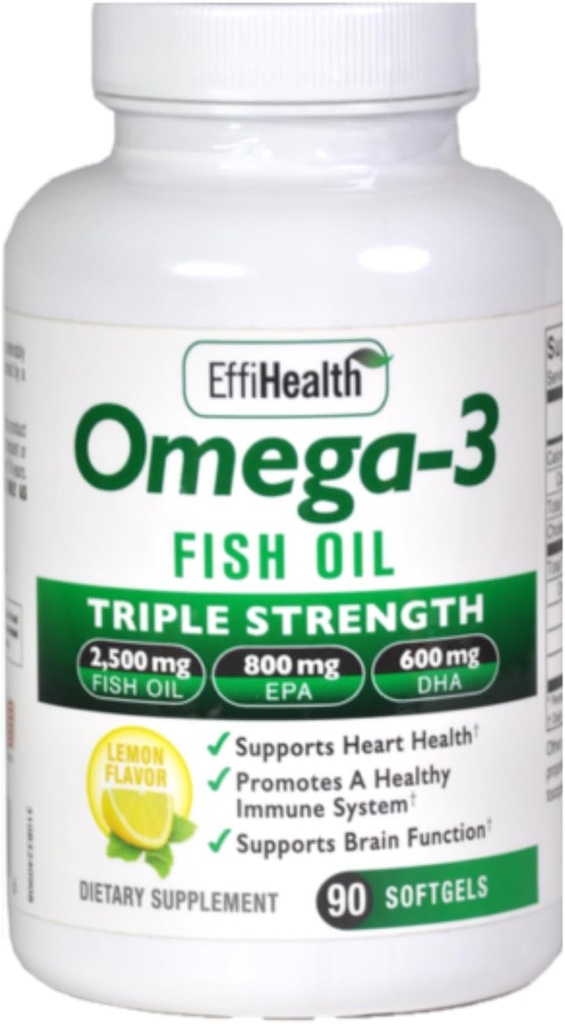 EffiHealth Omega-3 Fish Oil - Triple Strength 2500mg Fish Oil, 1200mg EPA, 600mg DHA - Υποστηρίζει Hearth Υγεία, Εγκεφαλική υγεία και ανοσοποιητική υποστήριξη – Λεμόνι Γεύση, Burpless Fish Oil