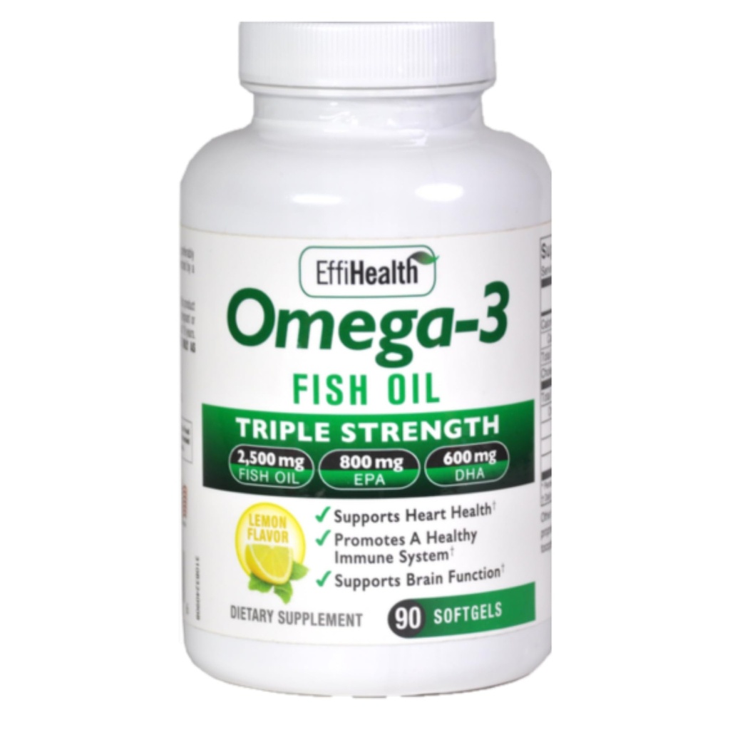 EffiHealth Omega-3 Fish Oil - Triple Strength 2500mg Fish Oil, 1200mg EPA, 600mg DHA - Υποστηρίζει Hearth Υγεία, Εγκεφαλική υγεία και ανοσοποιητική υποστήριξη – Λεμόνι Γεύση, Burpless Fish Oil