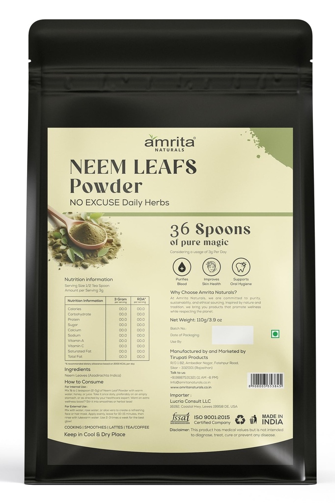 Neem Leaf Powder 110g | 100% Pure & Natural | Azadirachta Indica Leaf Powder | Ayurvedic Single-Herb Supplement | Non-GMO | No Additives | Traditional Wellness Support