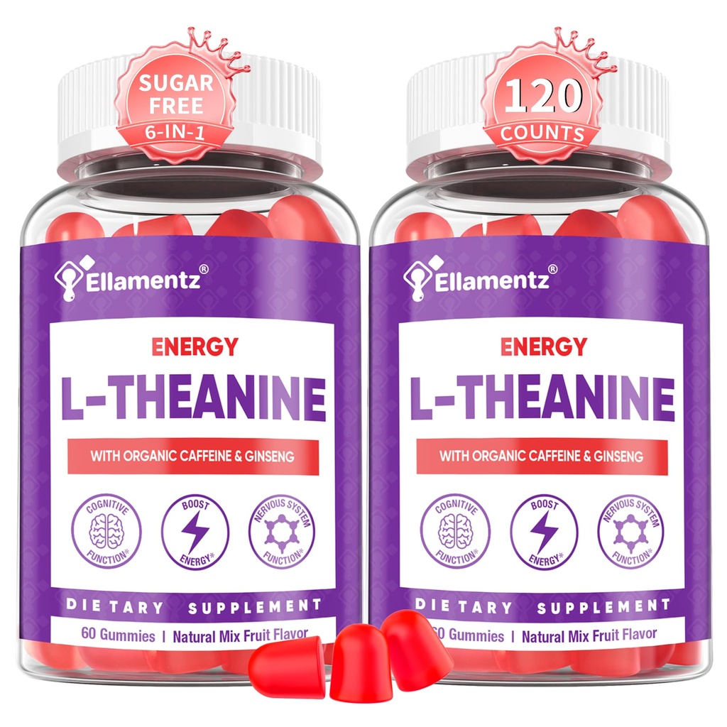 Vegan L-Theanine Gummies 200mg with Caffeine(100mg), Korean Red Ginseng & Ginkgo Biloba- Brain Supplement for Focus, Memory & Energy, Sugar-Free, No Jitters, 120 Counts