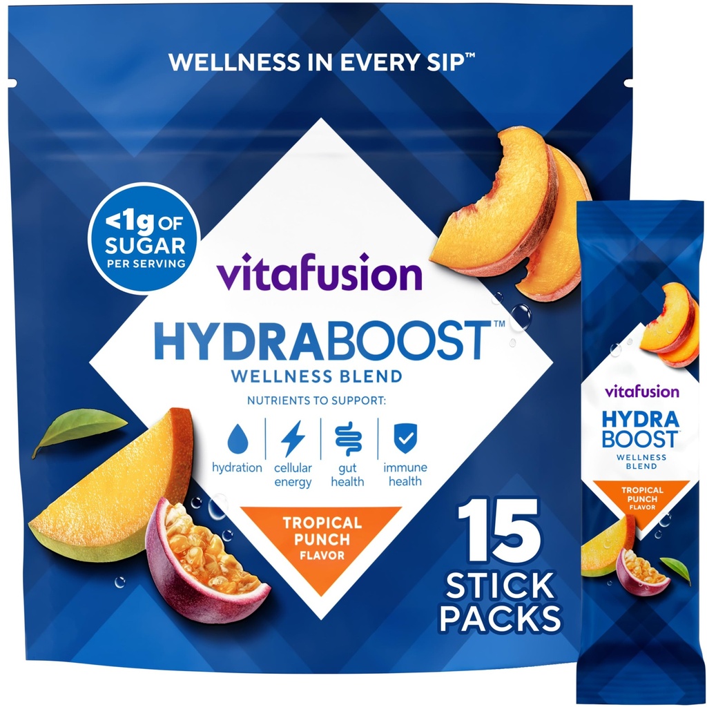 Vitafusion Hydraboost Drink Powder Packets, Electrolytes Support Daily Hydration, Vitamins Support Cellular Energy & Immune Health, Prebiotic Fiber Supports Gut Health, Tropical Punch, 15 Sticks