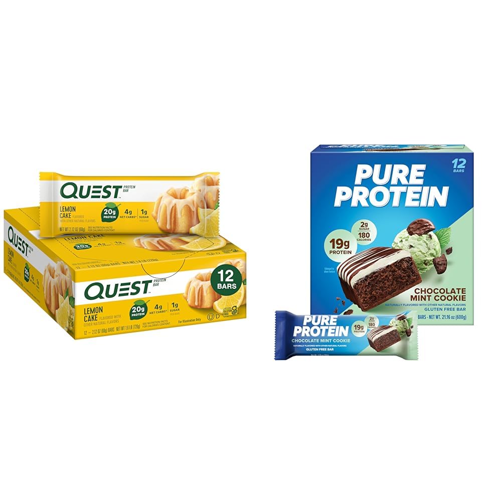 Quest Nutrition Lemon Cake Protein Bars, 12 Count & Pure Protein Chocolate Mint Cookie Protein Bars, 12 Count