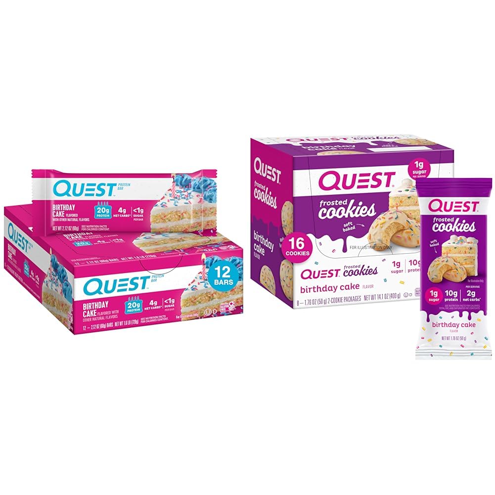 Quest Birthday Cake Protein Bars 12 Count and Frosted Cookies Twin Pack 16 Cookies