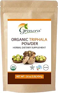 Grenera Organic Triphala Powder 1 lb (16 Ounce) 454 Grams - Made with Organic Amalaki, Organic Bibhitaki, Organic Haritaki Fruit - USDA Organic, Vegan, Kosher Certified