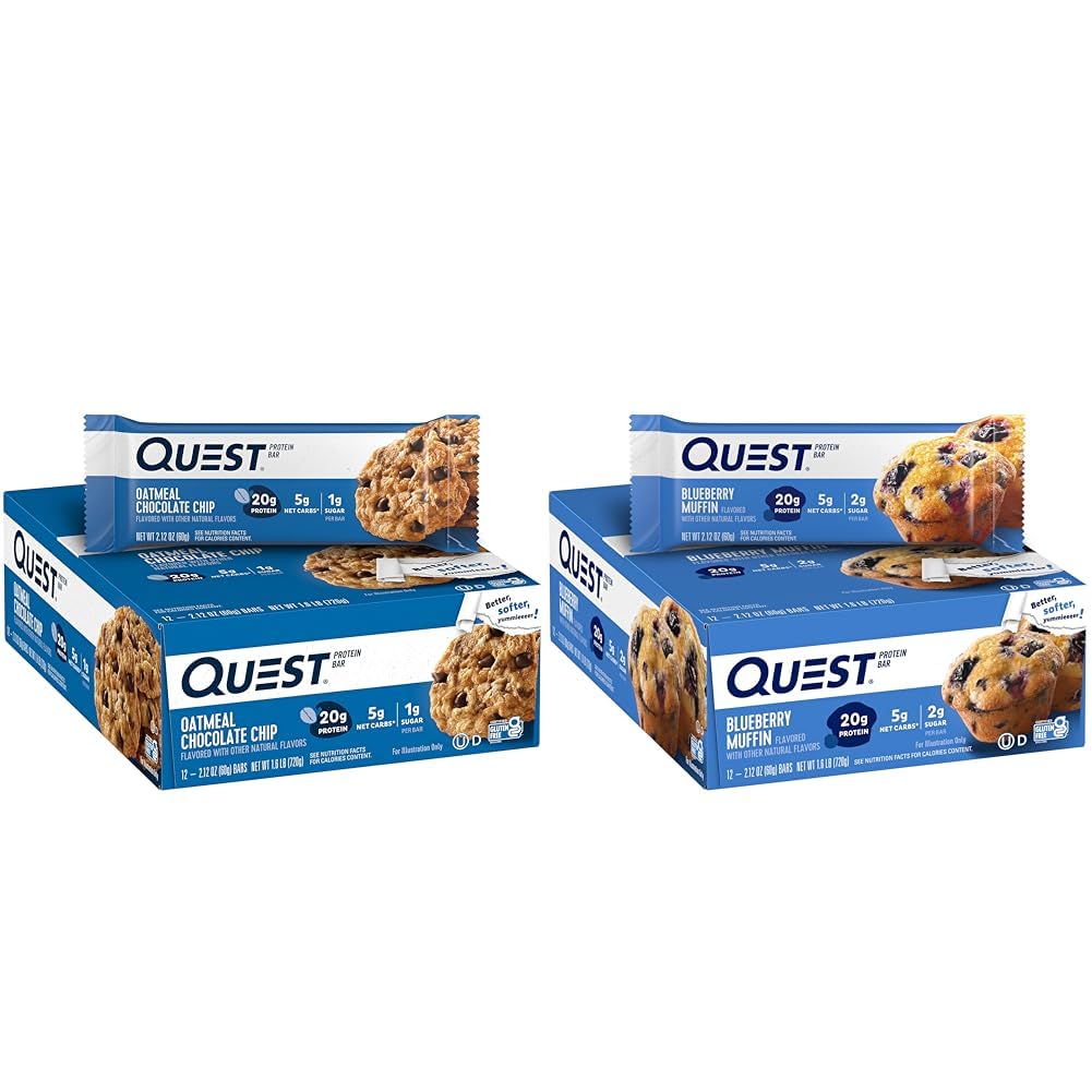 Quest Nutrition Oatmeal Chocolate Chip Protein Bar, High Protein, Low Carb, Gluten Free & Blueberry Muffin Protein Bars, High Protein, Low Carb, Gluten Free, 12 count