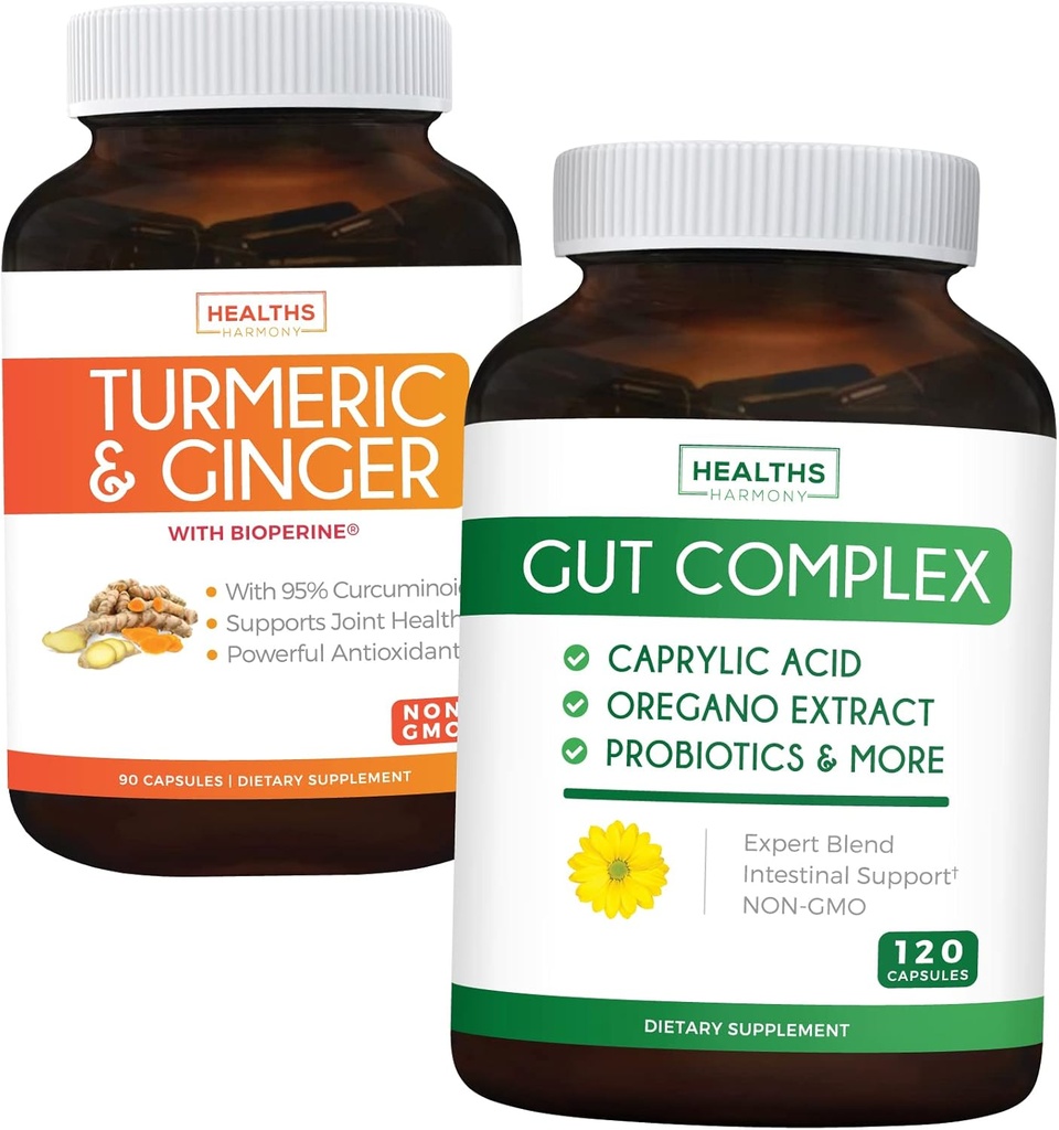 Save $11 (23% Off) - Gut Balance Bundle - Gut Complex with Caprylic Acid for Balanced Gut Health & Probiotic Support (120 Capsules) & Turmeric & Ginger with 95% Curcuminoids & Bioperine (90 Capsules)