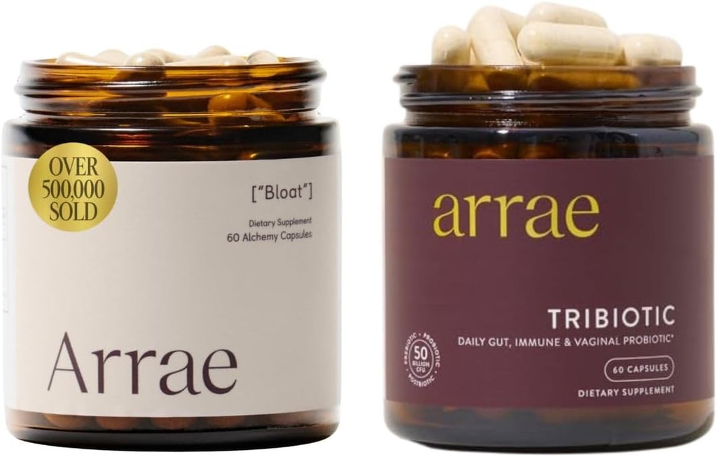 Arrae Bloat + Tribiotic Bundle, Bloating Relief Digestive Enzymes, Gas & Indigetion Relief, Probiotics for Women, Υποστήριξη για Κολπικό pH Ισορροπία, Ανοσοποιητικό, και Γυναικεία Υγεία, 60 Κάψουλες