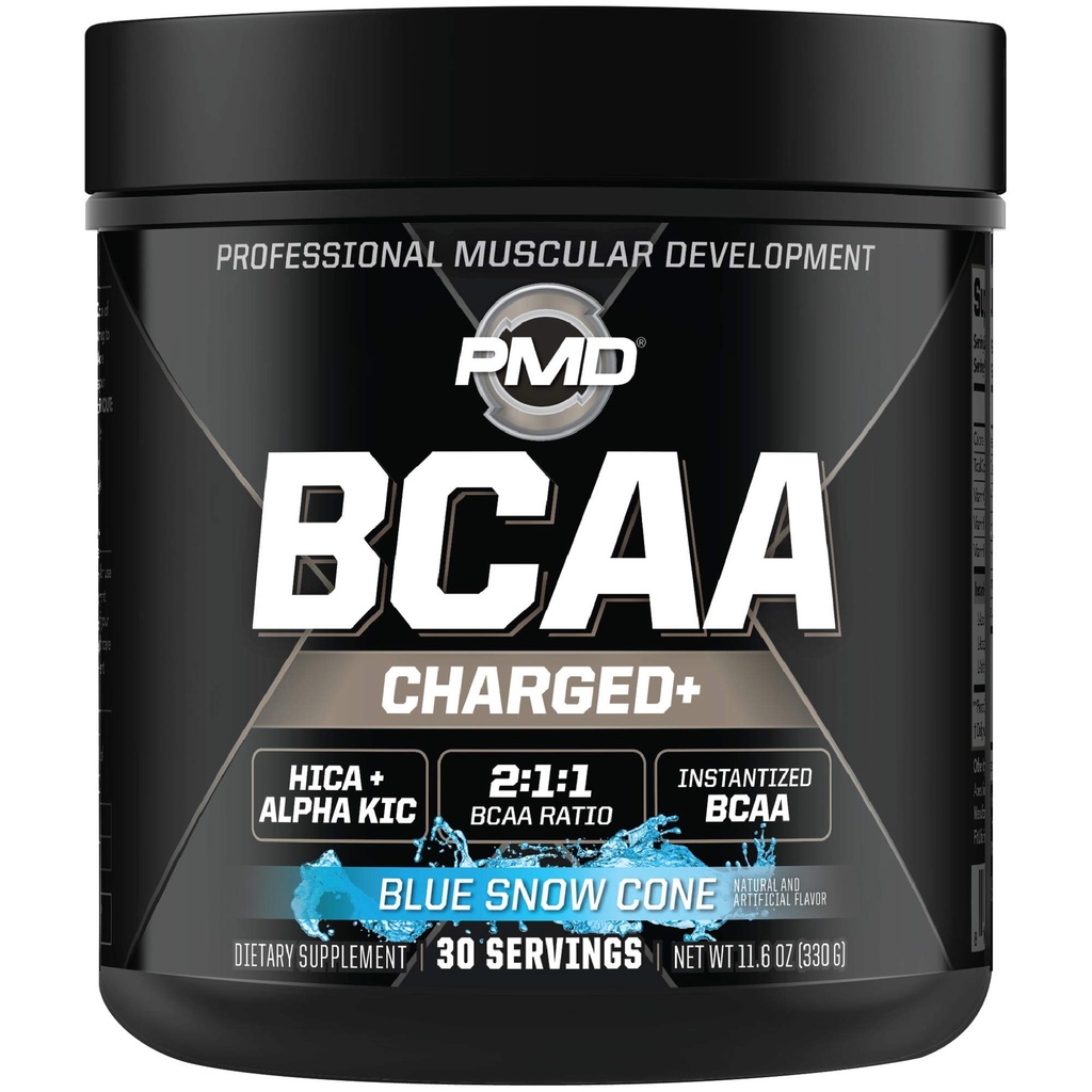 PMD Sports BCAA Charged Delicious Amino Acid Drink Mix for Performance, Recovery, Endurance, and Hydration - Increase Muscle Function for Workout and Daily Energy – Blue Snow Cone (30 Servings)