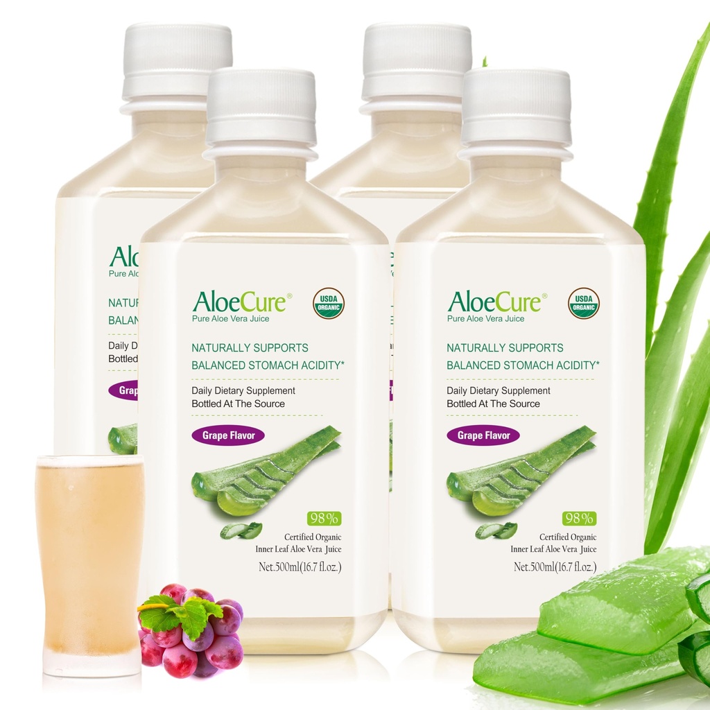AloeCure USDA Organic Aloe Vera Juice Grape Flavor, Made Μέσα σε 12 ώρες από τη συγκομιδή - Pure Aloe Vera Digestive & Immune Health Supplement, Βοηθά στη διατήρηση της ισορροπημένης οξύτητας στο στομάχι, 16.7oz x 4 Btls