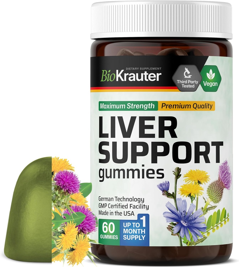 BIO KRAUTER Συμπληρώματα ήπατος Gummies - 60 Vegan Chews w/Milk Thittle, Dandelion Root for Liver Cleanse & Detox - 80% Silymarin