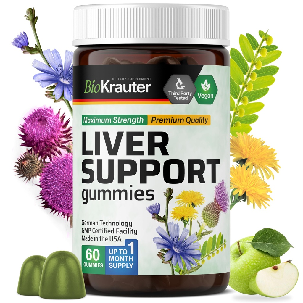 BIO KRAUTER Συμπληρώματα ήπατος Gummies - 60 Vegan Chews w/Milk Thittle, Dandelion Root for Liver Cleanse & Detox - 80% Silymarin