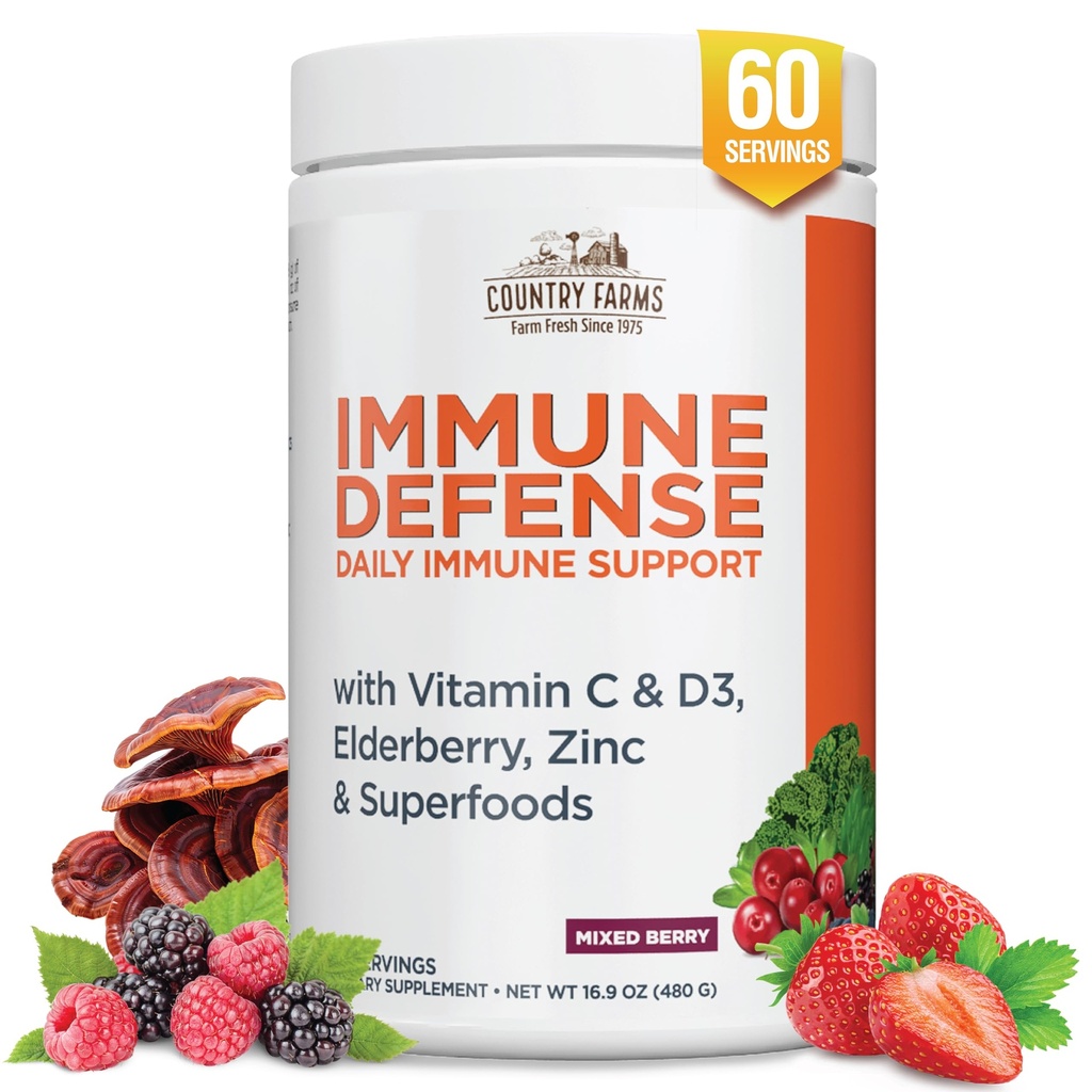 Country Farms Immune Defense Superfoods, Immune Support Supplement, Vitamin C with Black Elderberry, Echinacea, Turmeric, Supports Hydration, with Probiotics and Prebiotics, Berry Flavor, 60 Servings