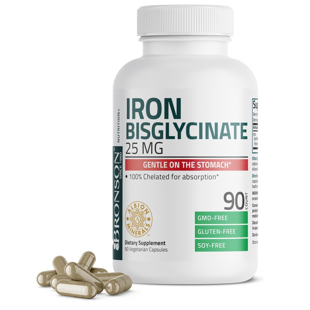 Bronson Iron Bisglycinate 25 mg Gentle on The Stomach, υποστηρίζει την ενέργεια & υγιής παραγωγή ερυθρών κυττάρων αίματος - μη-συντηρητική φόρμουλα - μη ΓΤΟ, 90 κάψουλες χορτοφάγων