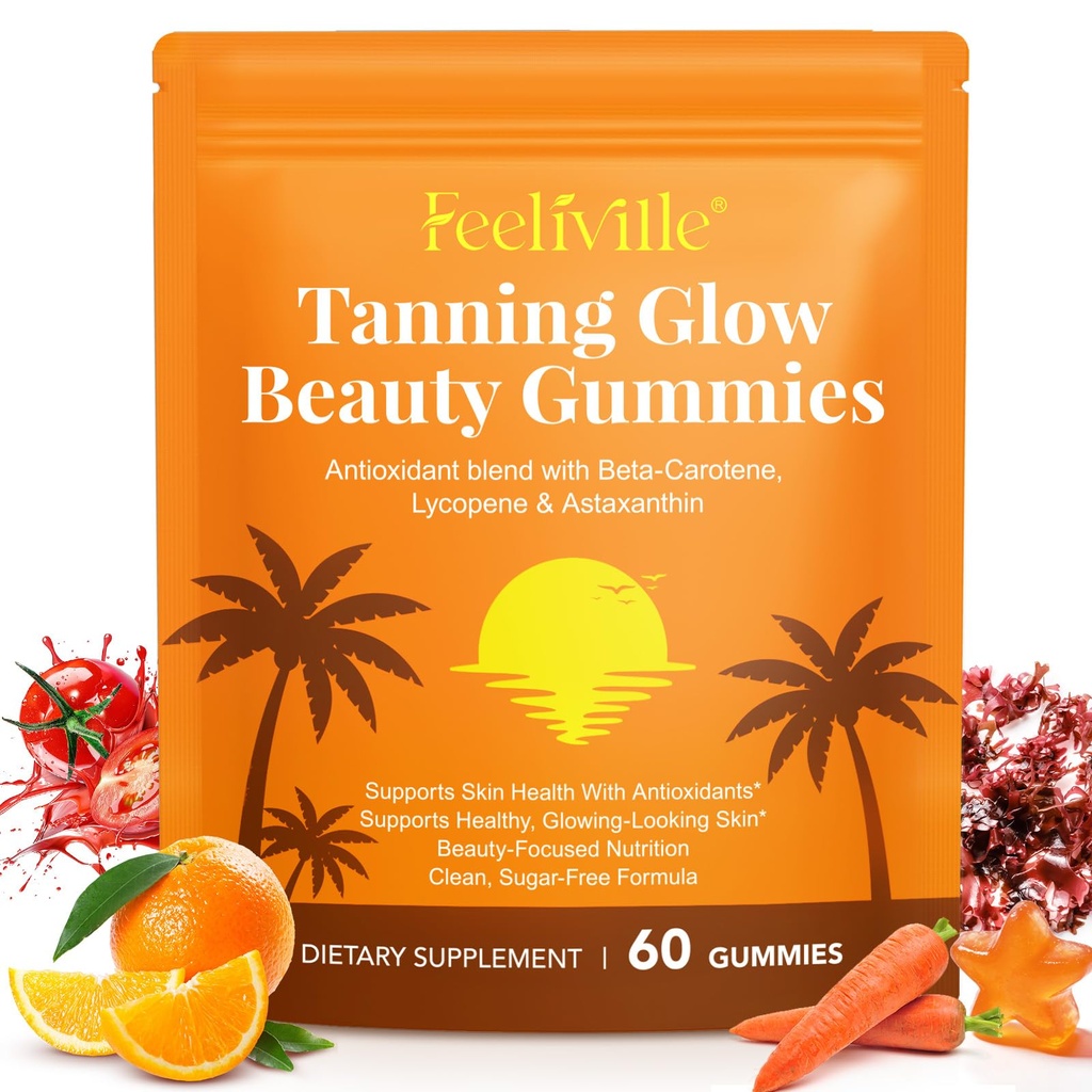 Tanning Gummies with Astaxanthin for Women & Men, Sunless Tanning Supplement with Beta Carotene, Lycopene & Collagen, Radiance & Hydration, Carotene Tanning Alternative –Vegan, Sugar Free (60 Count)