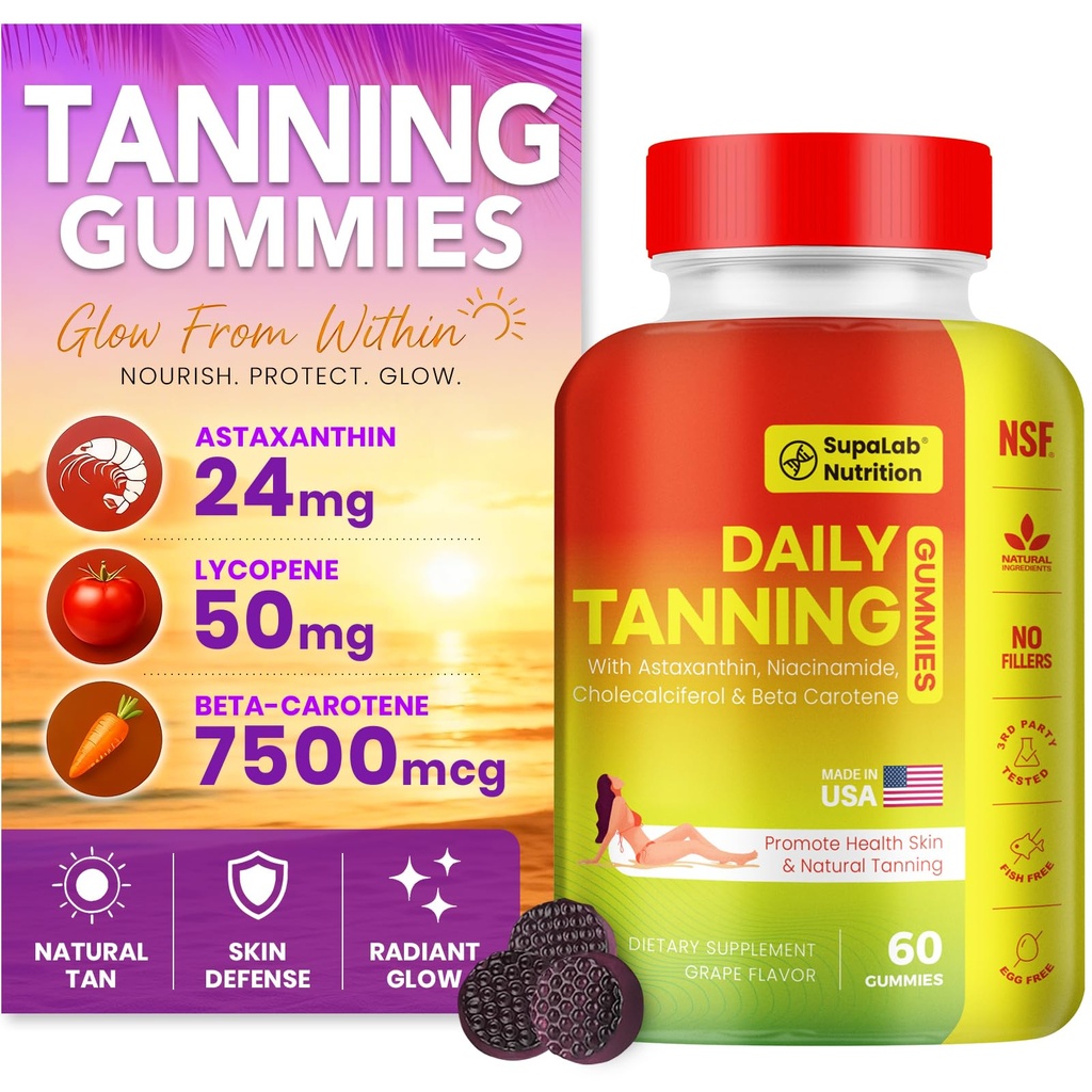 Tanning Gummies for Women Men - Sunless Glow Tanning Supplement with Astaxanthin, Beta Carotene, Lycopene, Zinc & Vitamins C D E, Sunless Tan Booster, Skin Hydration & Glow (Purple)