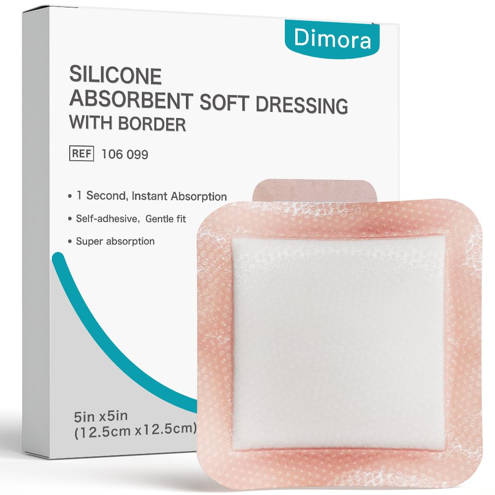 Dimora Silicone Super Absorbent Wound Dressings - Gentle Adhesive Bandages with Ultrasorb Polymer,Heavy Exudate Wound Care Pads 5"X 5" 10 Count