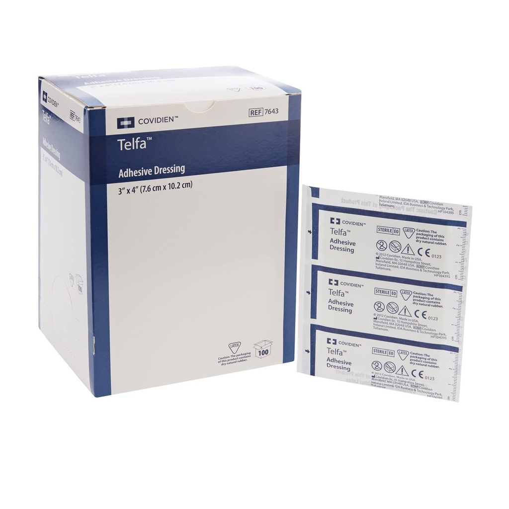 Covidien 7643 Telfa Adhesive Dressing, Sterile 1's Peel-Back Package, 3" x 4" Size, Pack of 100