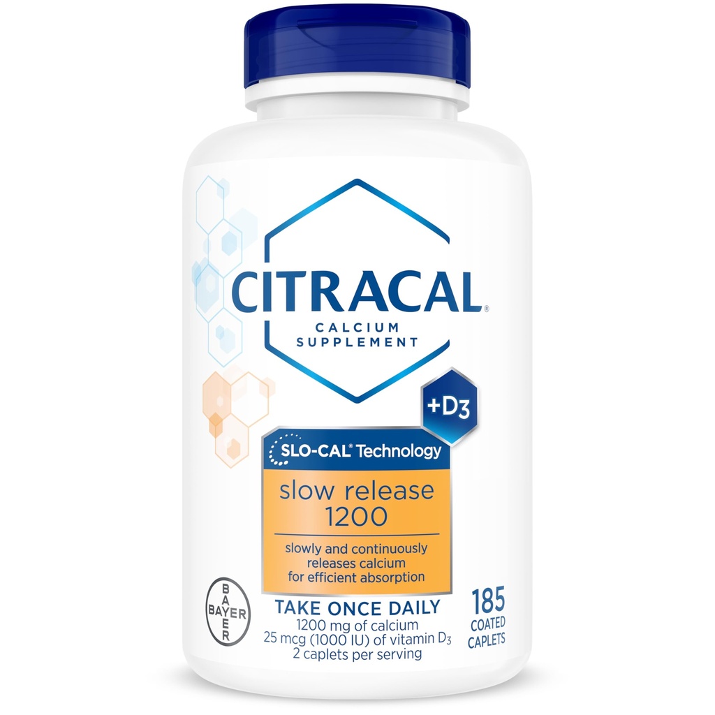 Citracal Slow Release - Ασβέστιο 1200 mg με βιταμίνη D3, Μαγνήσιο, Συμπλήρωμα ασβεστίου, Υποστήριξη για την Υγεία των Οστών, Πάρτε μια φορά την ημέρα Caplet, 185 Count
